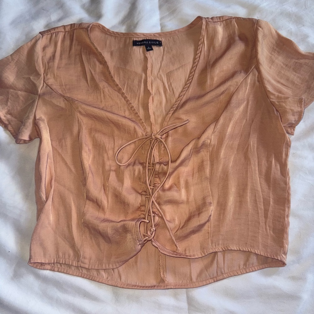 Kendall & Kylie Tan Orange Short Sleeve Crop Blouse